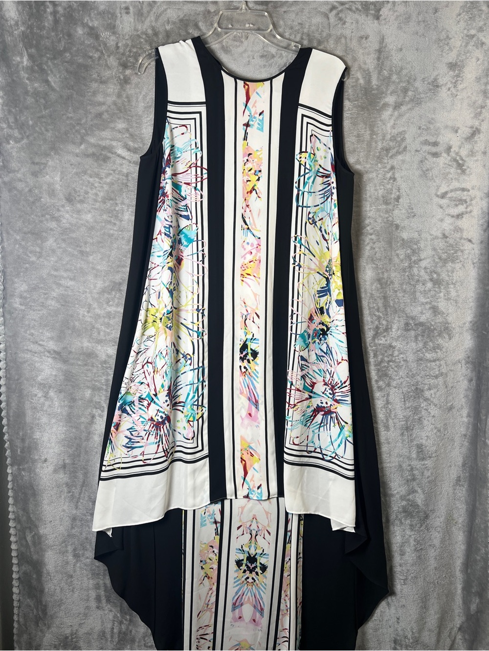 BCBGMaxAzria Black & White High-Low Dress with Multicolor Floral Panels - Picture 3 of 10